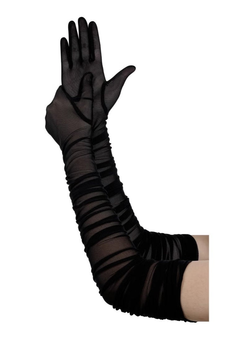 Women's Super Long Stretchy Ruched Mesh Tulle Sheer Gloves Costume Opera Party 1920's Dance Gloves - Image 3